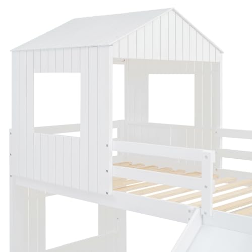 Image of Bellemave Bunk beds Twin Over Full with Slide,Ladders,House roof Design, Low bunk /loft Bed for Kids,White