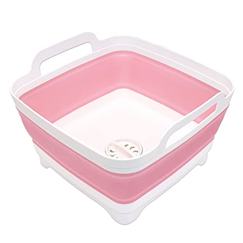 Image of 2.4 Gal(9L) Collapsible Dish Basin with Drain Plug, Space Saving Outdoor Multiuse Foldable Sink Tub, Dishpan, Kitchen Storage Tray for Camping, Vegetable Washing, RV (Pink)