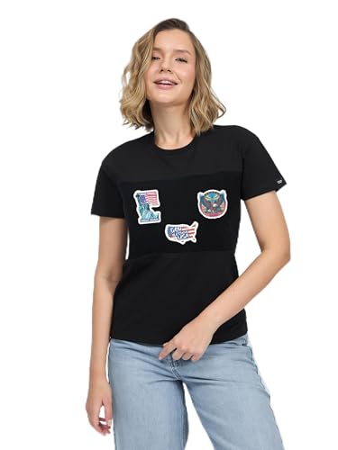 Black Velcro Patch Shirt for Women - M with Patriotic USA Flag Sticker Set, Customizable Velcro Patch Area for National Pride