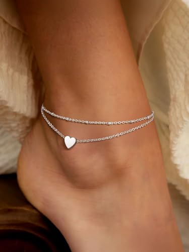 ChainsPro Womens S925 Sterling Silver Adjustable Anklet, Heart/Moon/Handcuff Ankle Bracelet,Summer Foot Jewelry, Stainless Steel/Gold Plated(Send Gift Box)