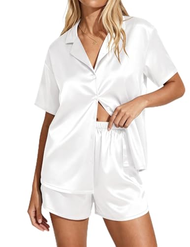 Image of Ekouaer Womens Satin Pajama Set Short Sleeve Button Down Sleepwear 2 Piece Silky Pj Set Soft Loungewear for Ladies
