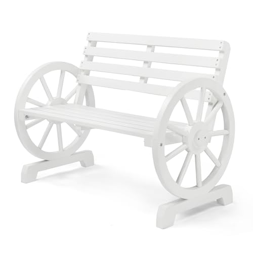 Image of VINGLI Rustic Wooden Wheel Bench Outdoor Bench, Patio Bench Wagon Slatted Seat, Garden Benches for Outdoors 350lbs High Capacity, Weather Resistance (White, 41in)