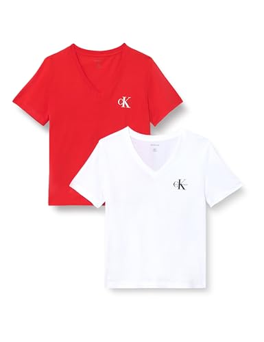 Calvin Klein Camisetas LV047C906G con Logotipo A para Mujer, Paquete de 2, Color Rojo (Adrenaline Rush/Blanco Brillante), Talla M, Rojo (Adrenaline Rush/Brilliant White), M