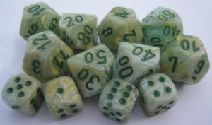 Chessex Dice: Polyhedral 7-Die Marble Dice Set - Green Multi-Color Swirl with Dark Green Pips