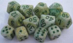 Chessex Dice: Polyhedral 7-Die Marble Dice Set - Green Multi-Color Swirl with Dark Green Pips by Chessex