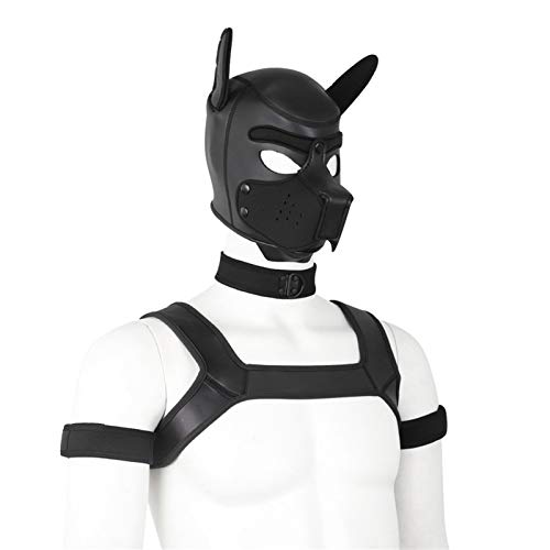 Weiche Latex-Hundemaske mit Ohren, Welpenmaske für Cosplay-Party-Maskerade Set (Maske, Halsband, Armbinde, Riemen) (Color : Black, Size : X-Large)