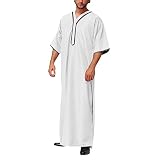 USTZFTBCL Men's Solid Color Jubba Thobe,Buttoned Kimono,Stand Collar Arabic Kaftan Abaya White L