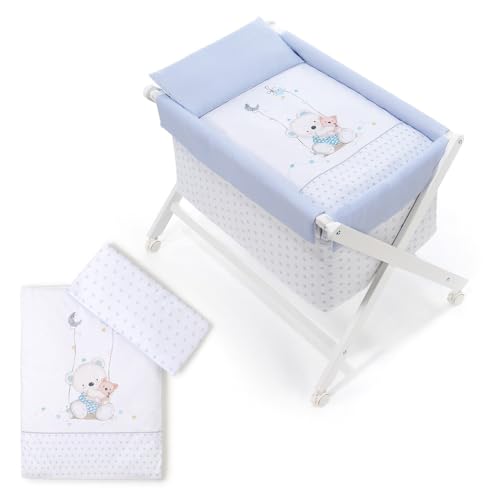 Interbaby - Minicuna Plegable Tijera Oso Columpio - Estructura de madera con Vestidura (Colcha y Almohada Desenfundable) con Colchón.