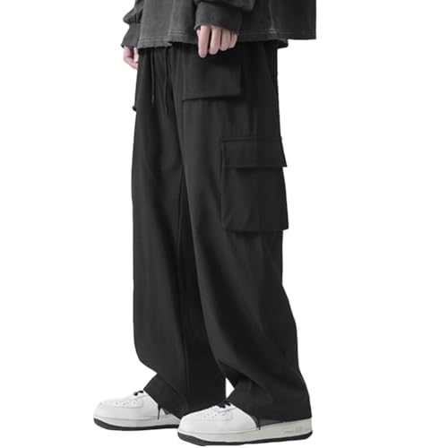 [maytopia] ズボン カーゴパンツ ワイドパンツ ロングパンツ リラックスパンツ パンツ トラックパンツ ウエストゴム 調整紐 防シワ加工 通気性 美脚効果 ゆったり 無地 大きいサイズ 秋 春 オールシーズン メンズ レディース CK19 (3XL, ブラック)
