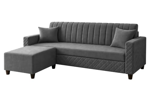 Image of 3 Seater Velvet Sofa with Ottoman | Modern Upholstered Couch | Quilted Design | Soft Comfortable Seating | Sturdy Wooden Frame | Living Room, Office - Grey