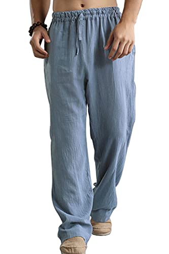 AIEOE Mens Casual Linen Pants with Pockets Drawstring Loose Elastic Waist Trousers Relaxed Fit for Yoga Jogger Sports Home Beach Light Blue XL