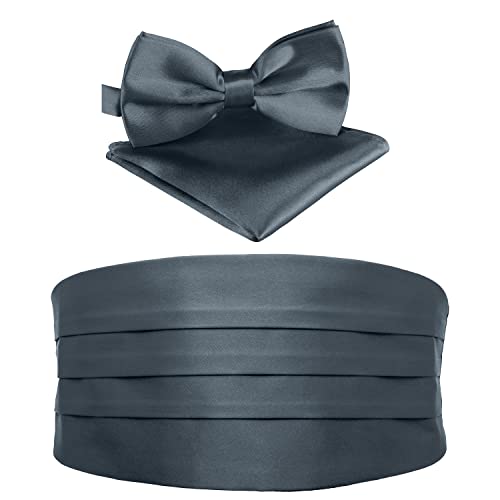 BomGuard Faja de Esmoquin cintura - fajines para hombre cabalerro + pajarita + pañuelos -Set de 3 piezas, gris oscuro