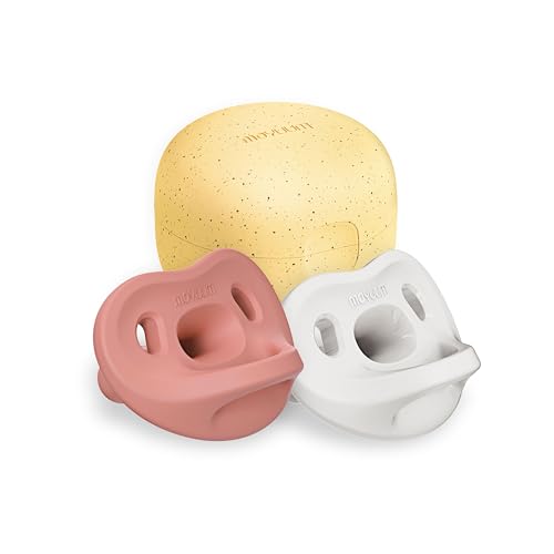 Moyuum Silicone Macaron Pacifier | Made in Korea, BPA Free One-Piece Design Baby Soother, Soft Orthodontic Shape with Air Holes, 2 Pack with Travel Case, Babies 6+ Months (Raspberry + White, Stage 3)