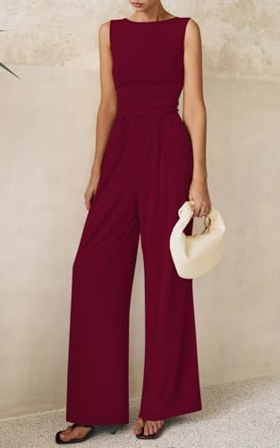 PRETTYGARDEN One Piece Jumpsuits for Women Dressy Casual Sleeveless Crewneck Wide Leg Rompers Jumpers 2026 Vacation Summer Outfits(Wine, XL) by PRETTYGARDEN - Used condition - Image 14