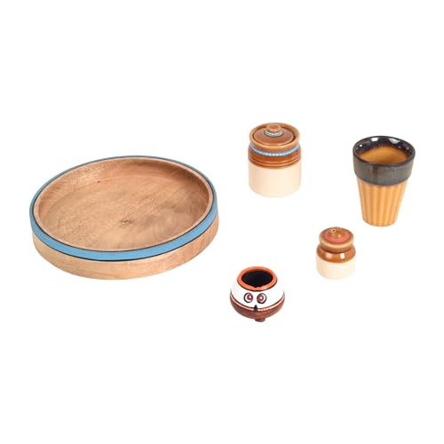 Image of AAKRITI ART CREATIONS Heritage Flavor Kit with Tray | Set of 4 Ceramic Achar ki Barni & Mukhwas Box | Includes Glass, Toothpick Holder, Salt & Pepper Shakers & Spoons