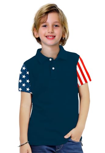 Image of AOBUTE Kids 4th of July Polo American Flag Short Sleeve Button Down Shirts Tops 3-14 Years