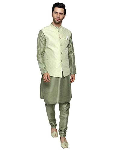Image of Uri and MacKenzie Men's Silk Blend Kurta Churidar Pyjama with Stylish Nehru Jacket