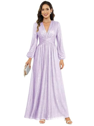 Image of Women's Formal Wedding Guest V Neck Glitter Sequins Mother of The Bride Dresses Long Sleeve