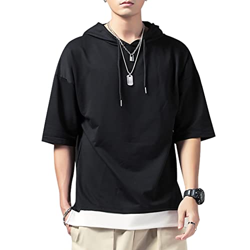 KENAIJING Homme Sweat Manches Courtes Tee Shirt Décontracté Sweats à Capuche Hoodie (Noir, M)