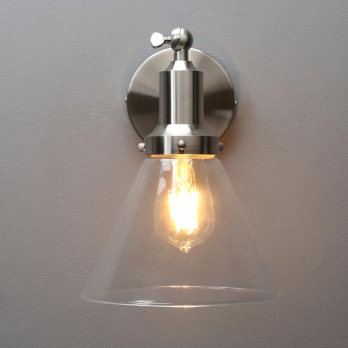 Image of PERMO Industrial Vintage Slope Pole Wall Mount Single Sconce with Funnel Flared Clear Glass Shade Brushed Wall Sconce Light Lamp Fixture