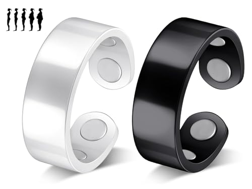 THALASIENE 2Pcs Vital Magnetfeldtherapie-Ring Set Vitalring Magnet Wechseljahre Verstellbar Vital Ring Magnetringe Damen Zur Angstreduktion & besseren Schlafen- Schwarz&Silber