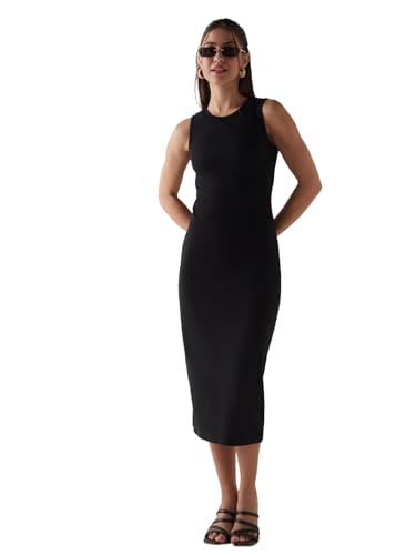 Image of Bewakoof Women's Calf Length Solid Slim Fit Sleeveless Round Neck Cotton Blend Bodycon Dress