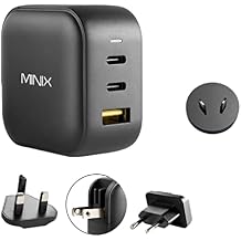MINIX NEO P1 66W Turbo 3-Port GaN Wall Charger 2 x USB-C Charging Adapter, 1 x USB-A Charge 3.0, Bundling with AU Plug. Compatible with MacBook Pro Air, iPad Pro, iPhone 13, Galaxy S9 S8 and More.
