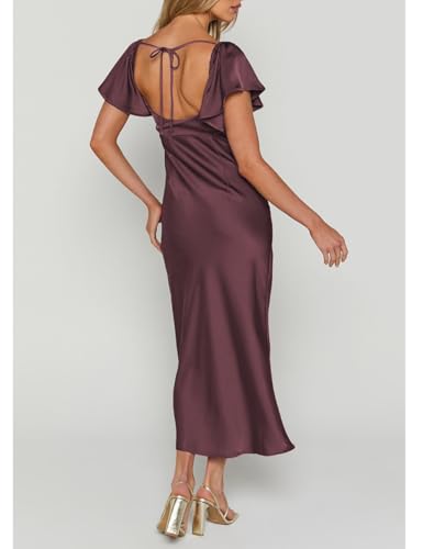 Image of Summer Satin Flutter Sleeve Wedding Guest Dresses for Women Sweetheart Neckline Cutout Tie Back Midi Cocktail Dress