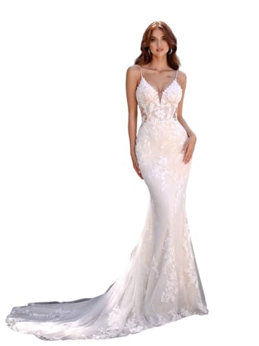 Amazon.com: Bedlover Long Lace Applique Wedding Dresses for Women 2024  Mermaid Tulle Spaghetti Straps Bodycon White Bridal Gowns with Train Petite  for Women US0 : Clothing, Shoes & Jewelry