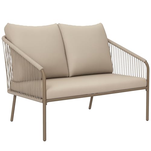 Outsunny Canapé de Jardin 2 Places en résine tressée avec Coussins, canapé d'extérieur avec accoudoirs, Cadre en Acier pour Balcon, Beige