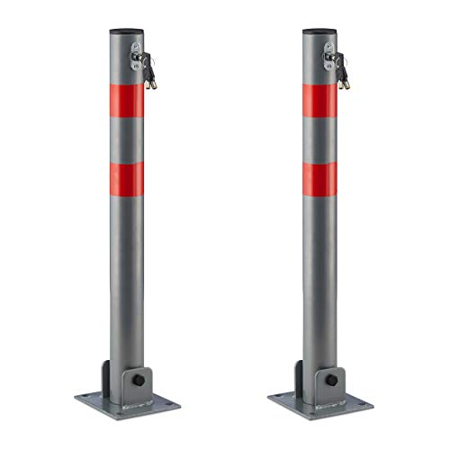 Preisvergleich Produktbild 2 x Absperrpfosten rund, Parkplatzsperre klappbar, Parkpfosten mit Warnstreifen, 3 Schlüssel