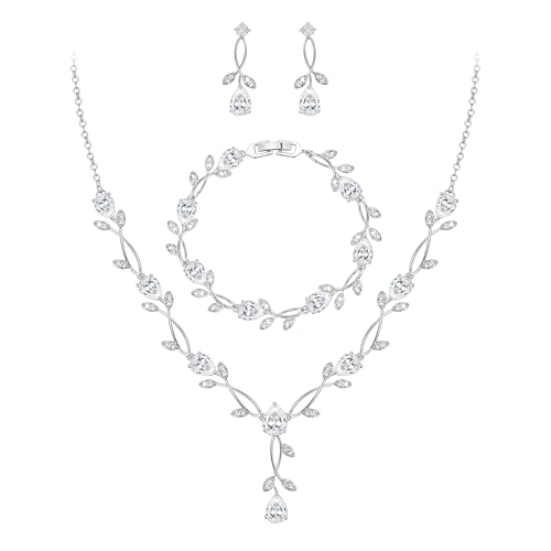 Image of EVER FAITH Cubic Zirconia Pearl Leaf Bridal Jewelry Set for Bride Women