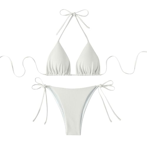 Dmmtot Conjunto de bikini de encaje para mujer, traje de baño de dos piezas con lazo a rayas halter, triángulo, anillo superior, traje de baño de verano 2025, brasier con cordón y braguitas para