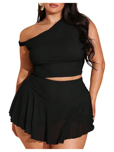 Verdusa Women's Plus Size 2 Piece Outfits Mesh Off Shoulder