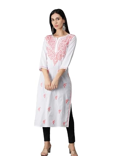 Image of Seva Chikan Hand Embroidered Lucknowi Chikankari Regular Straight Cotton Kurta Kurti for Women SCL4243