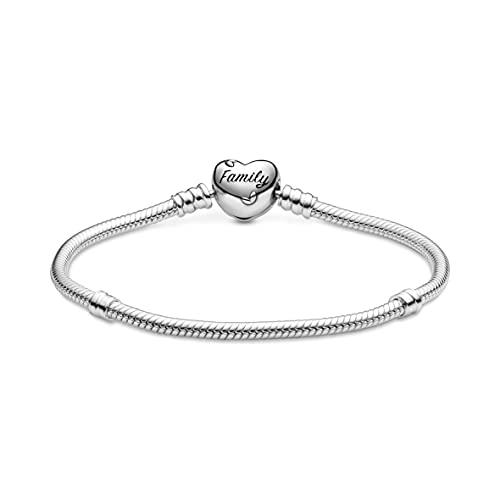 PANDORA Moments Family Tree Heart Clasp Snake Chain Bracelet - Compatible Moments Charms - Sterling Silver, Cubic Zirconia & Black Enamel Charm Bracelet for Women - Gift for Her - 7.9"4