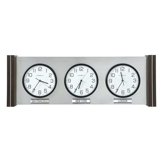 Howard Miller Sienna Wall Clock, Ebony Finish 3 White Analog Dial with Different Time Zone, Battery-Operated Quartz Movement Convex Glass Modern Decor for Home, Office & Living Room