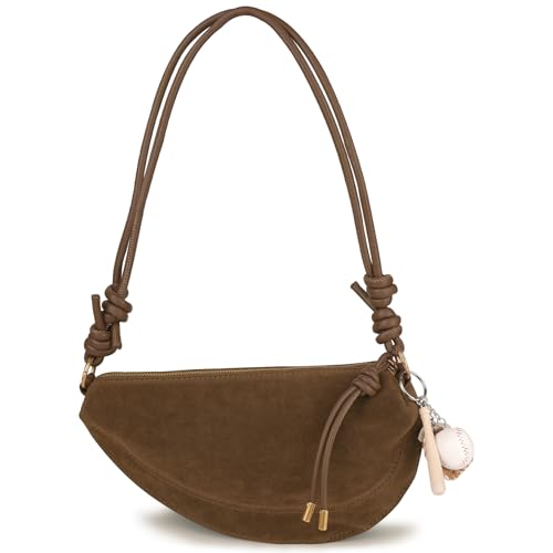 Image of Small Suede Dumpling Crossbody Bag for Women, Hobo Shoulder Purse with Cute Baseball Charms & Adjustable Strap