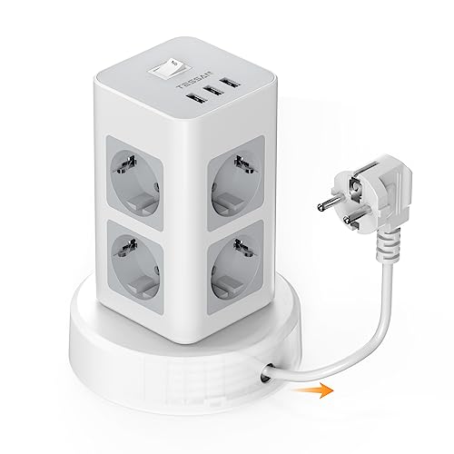 TESSAN Mehrfachsteckdose mit USB C, 8 Fach Steckdosenleiste mit Einziehbares Verlängerungskabel, Mehrfachstecker Steckerleiste mit 2M Extension Cord, Steckdosenturm Verteilersteckdose für Zu