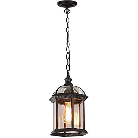 Outdoor Hanging Lantern Light, Loft Industrial Pendant Lights, Flush Mount Ceiling Pendant Lighting, IP54 Waterproof Outside Lights, Black, E27, 8W LED - Warm Light, Aluminum Glass Shade Φ21cm Cover