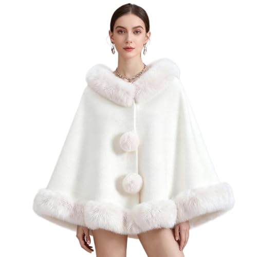 Luxury Womens Faux Fur Cape Poncho with Hooded Poncho With Pom Pom Details Plush Wool-Like Material (2)