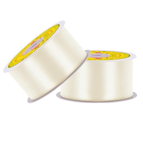 Image of 2 Rolls Double Face Ivory Satin Ribbon 2 Inch Polyester Ivory Ribbon for Gift Wrapping Very Suitable for Weddings Party Invitation Decorations and More,Total 50 Yards