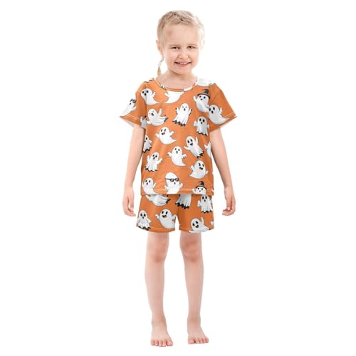 Pajama Short Sets Halloween Ghosts on Orange Soft Cotton Summer Sleepwear 2 Piece PJS Size 5-14T4