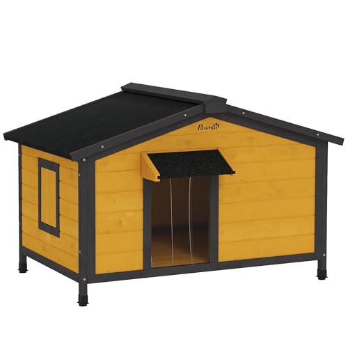PawHut Caseta para Perros Exterior Casa para Perros Pequeños con Techo Asfáltico Abatible 2 Ventanas Puerta con Cortina y Base Extraíble 97x72x65 cm Madera Natural
