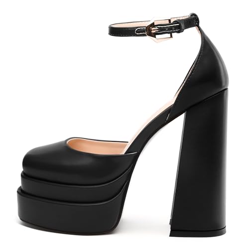 FEMSTEP Women's Chunky Platform High Heels Closed Round Toe Block Heel Pumps Ankle Strap Wedding Party Dress Shoes2