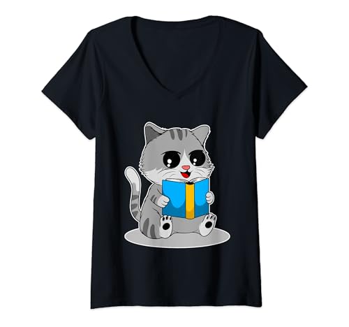 Photo de Femme Chat littéraire : pattes et pages T-Shirt avec Col en V