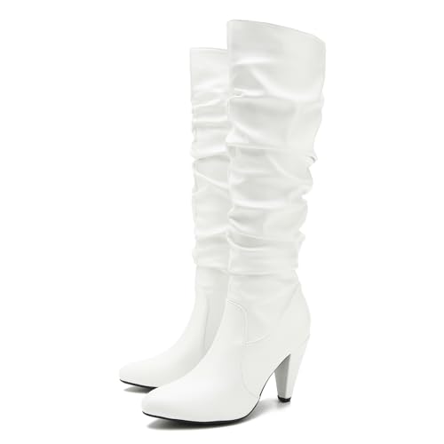 Women's Knee High Boots Pointed Toe Sexy Kitten Cone Heel Slouchy Boots Side Zipper Pleated Leather Tall Boots3