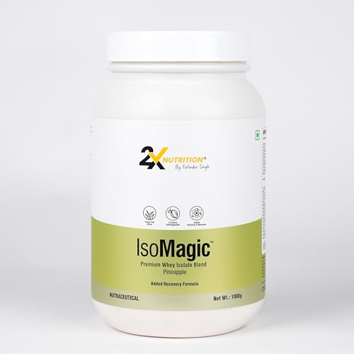 Image of 2X Nutrition Premium Whey Isolate Blend Protein Powder ISOMAGIC with Ashwagandha, 27g Protein, Low Fat & Carbs, for Faster Muscle Growth, Added Free-Form BCAA & L-Glutamine, Pineapple, 1Kg