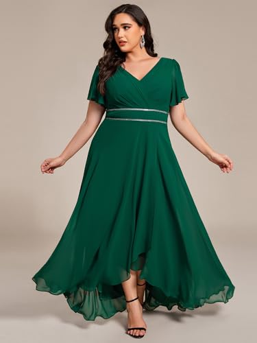 Image of Ever-Pretty Plus Women's Chiffon V-Neck Beading Ruffles Sleeves Maxi High Low Plus Size Formal Dresses