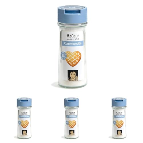 Carmencita Azúcar Vainillado,Tarro de Cristal con Tapón Dosificador, 80g (Paquete de 4)
